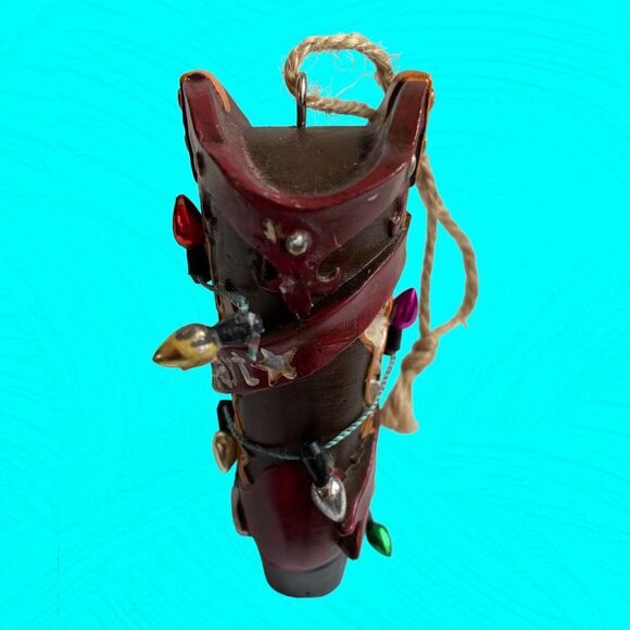 Country At Heart Cowboy Boot Christmas Ornament Ceramic Decorated W/ Tiny Lights - Picture 4 of 7